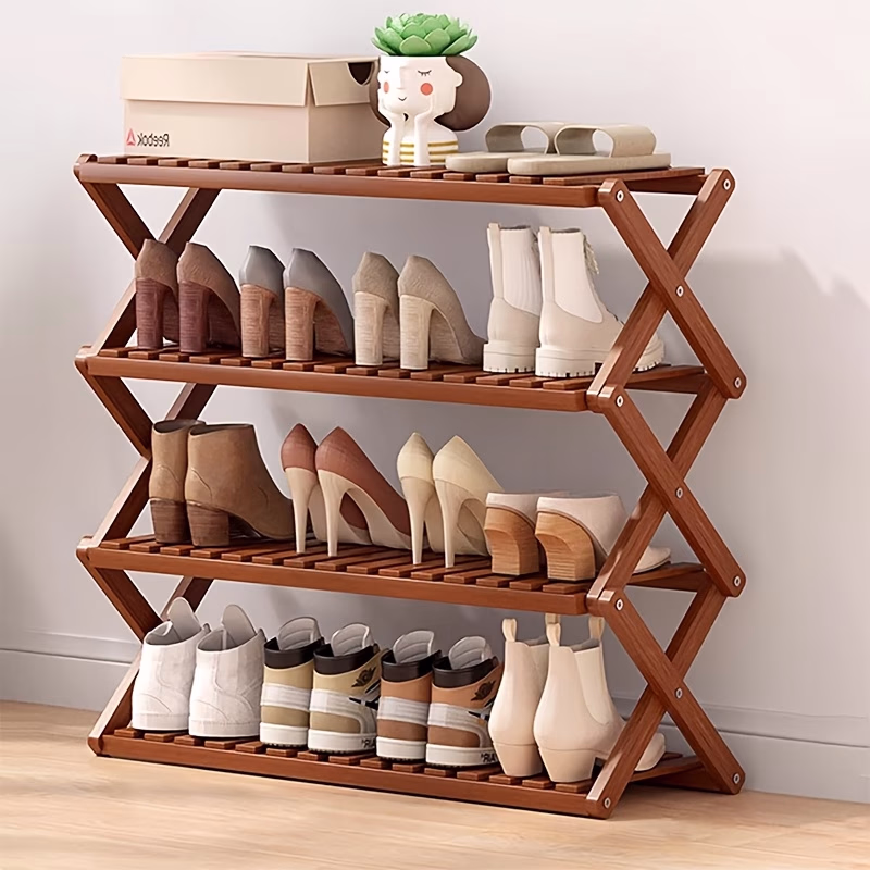 Four-Tier Bamboo Shoe Storage Rack – Versatile Foldable X-Shaped Design for Any Room