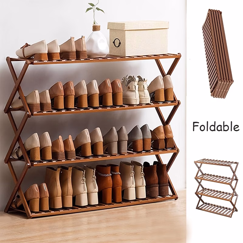 Four-Tier Bamboo Shoe Storage Rack – Versatile Foldable X-Shaped Design for Any Room