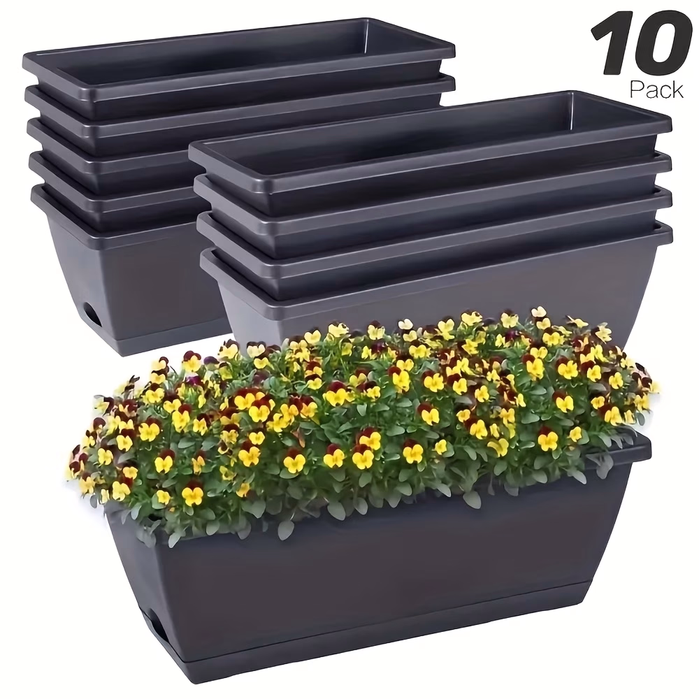 10 Pack 15L Large Rectangular Planter Boxes with Drainage Trays – Perfect for Indoor and Outdoor Gardening