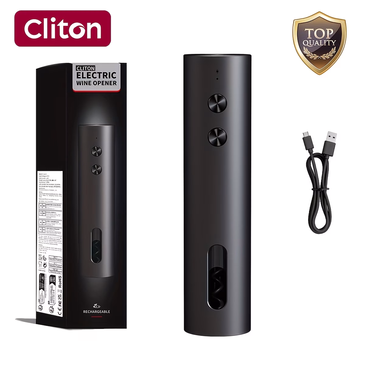 CLITON Rechargeable Electric Wine Opener with Foil Cutter, Wine Pourer & Vacuum Stopper – USB-C Charging