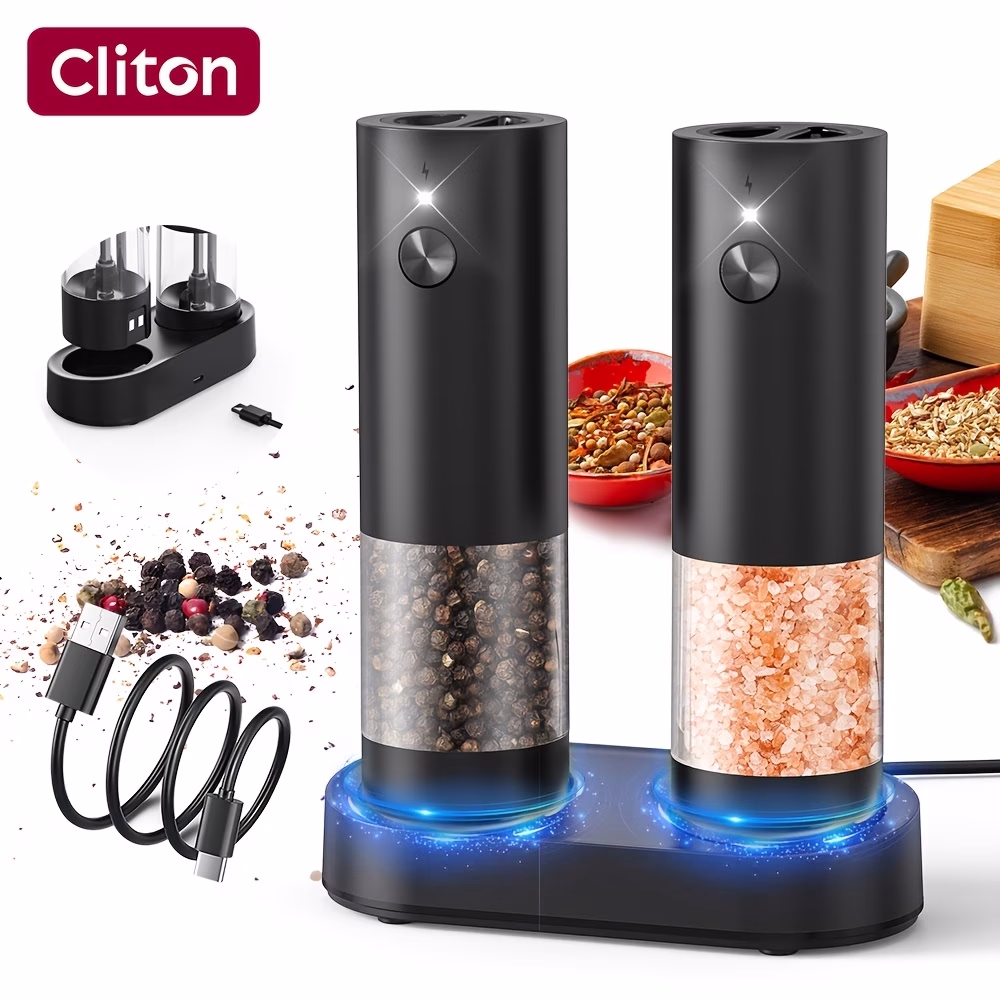 CLITON Electric Salt and Pepper Grinder Set – Rechargeable Salt and Pepper Mills with Charging Base & LED Light