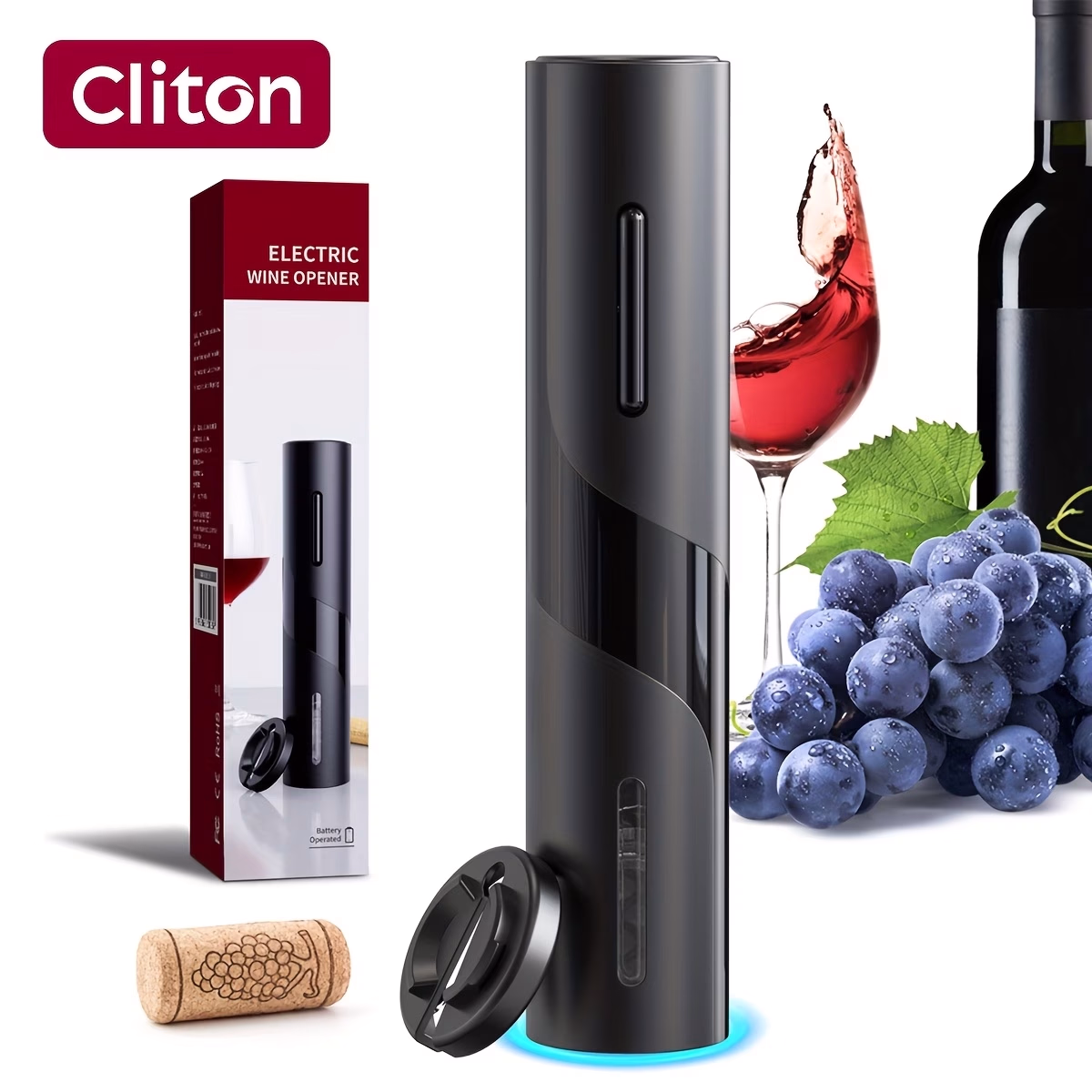 CLITON Electric Wine Opener – Battery Operated Wine Bottle Opener with Foil Cutter and Corkscrew