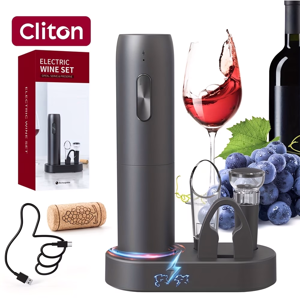 CLITON Rechargeable Electric Wine Opener Set – Automatic Corkscrew, Vacuum Sealer, and Wine Accessory Set