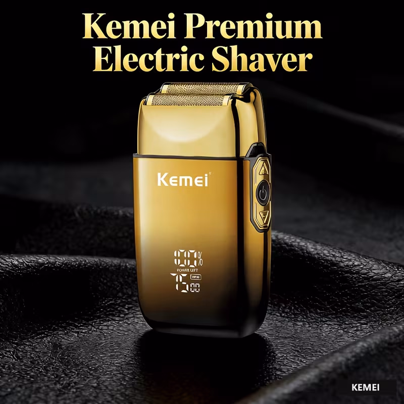 KEMEI Electric Shaver – Reciprocating Double Blade Razor with Luxurious Golden Gradient Body