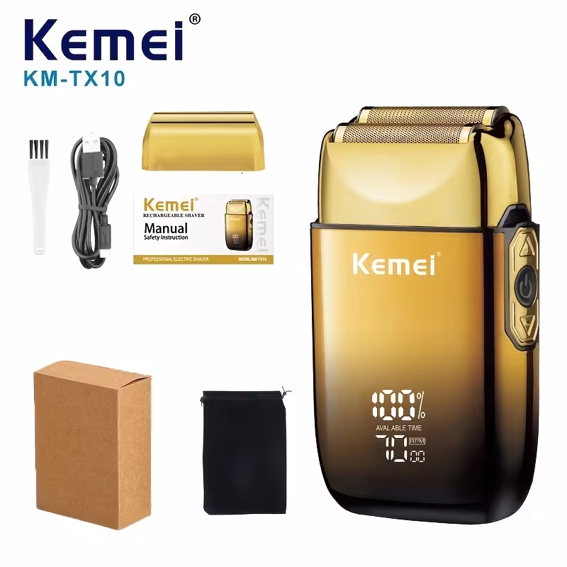 KEMEI Electric Shaver – Reciprocating Double Blade Razor with Luxurious Golden Gradient Body