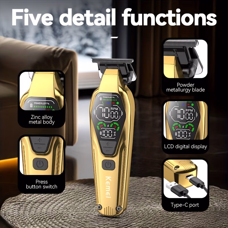KEMEI Professional Hair Clipper with Carving Scissors – Luxury Golden Design