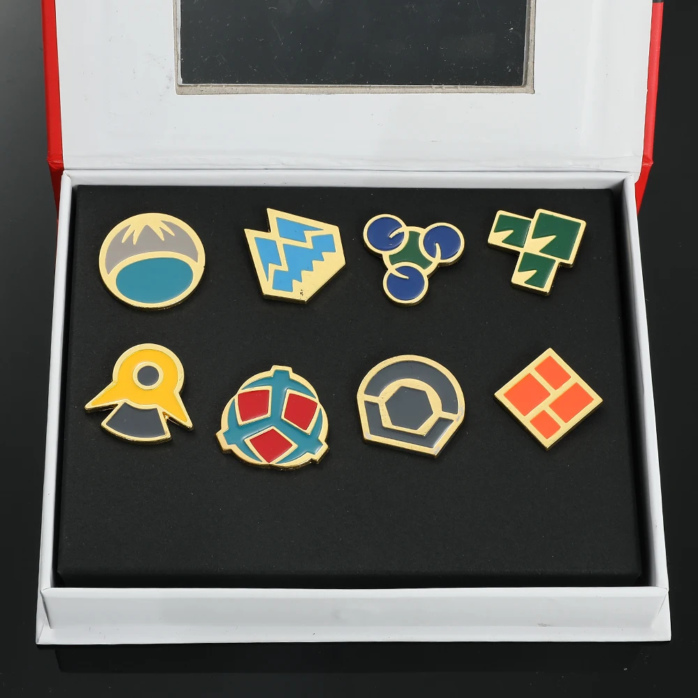 Metal color: Light Yellow Gold Color - Pokemon Gym Badges Kanto Johto Hoenn Sinnoh Unova Kalos League Region Orange Islands Pins Brooches Box Set Pocket Monster