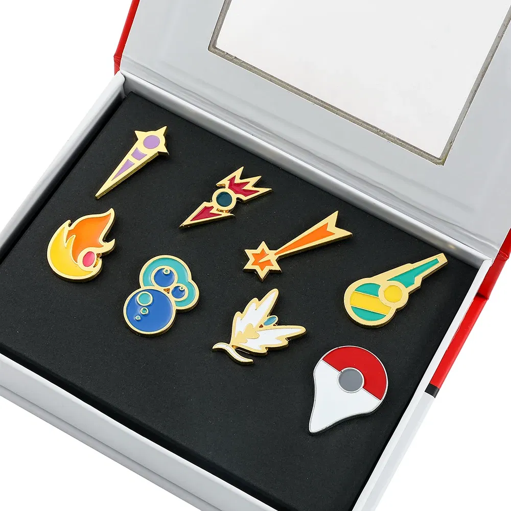 Metal color: Light Yellow Gold Color - Pokemon Gym Badges Kanto Johto Hoenn Sinnoh Unova Kalos League Region Orange Islands Pins Brooches Box Set Pocket Monster