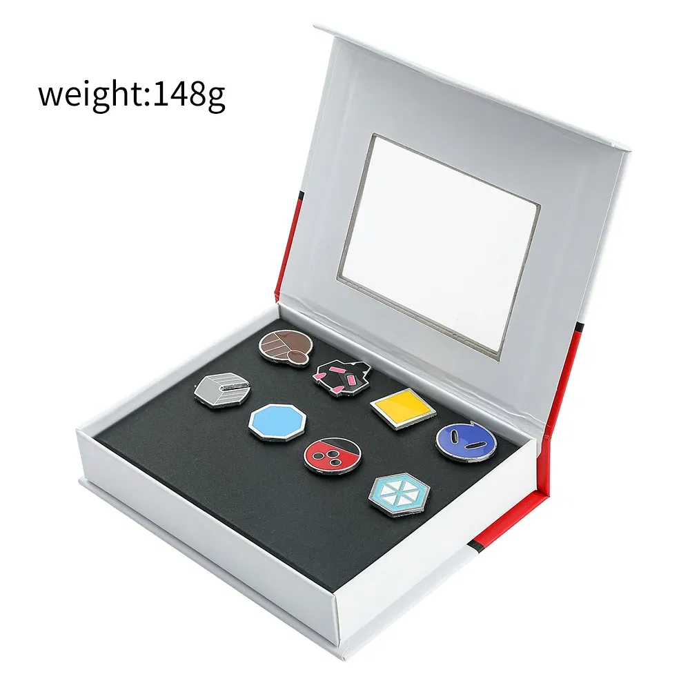 Metal color: Light Yellow Gold Color - Pokemon Gym Badges Kanto Johto Hoenn Sinnoh Unova Kalos League Region Orange Islands Pins Brooches Box Set Pocket Monster