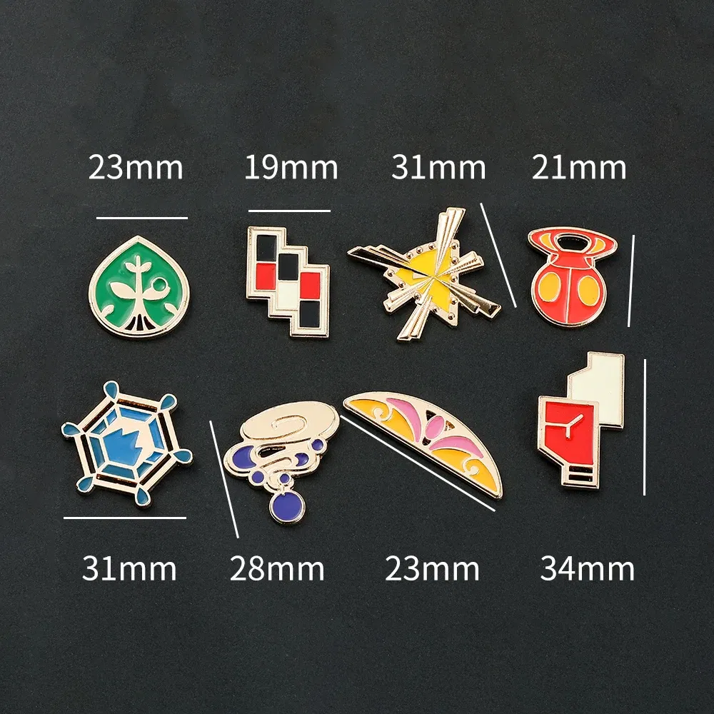 Metal color: Light Yellow Gold Color - Pokemon Gym Badges Kanto Johto Hoenn Sinnoh Unova Kalos League Region Orange Islands Pins Brooches Box Set Pocket Monster