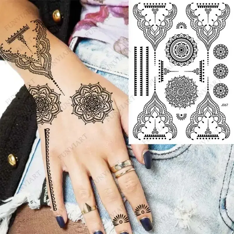 Color: Rose Red, Ships From: CHINA - Black Henna Temporary Tattoos for Women Lace Flower Mehndi Sticker for Hand Fake Henna Tattoo Sticker Body Art Hena Tatoo
