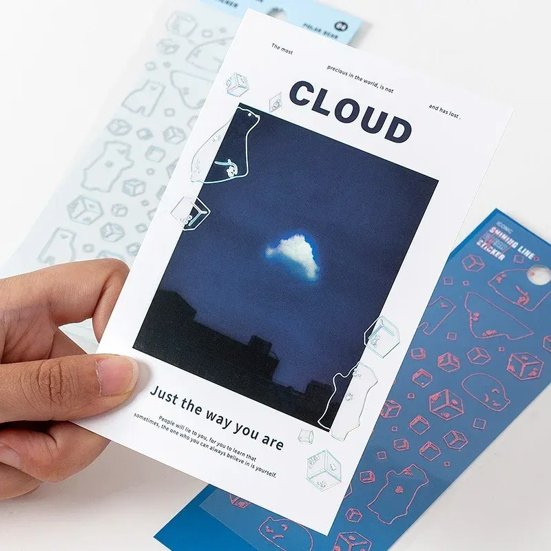 Color: Burgundy - 1 Sheet Transparent Flash Laser Line Stickers Decorative Stationery DIY Scrapbooking Material Pvc Stickers Cute Album Stick