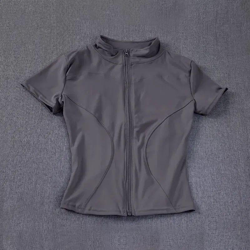 Color: Dark Grey, Size: L - Summer High Quality Waist Slimming Training Tops Women's Quick-drying Tight Stand Collar Full Zipper Short Sleeves Yoga shirts