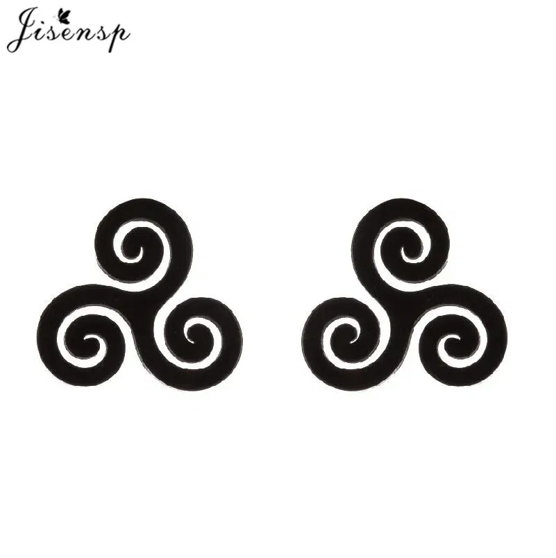 Metal Color: Pure Gold Color, Main Stone Color: WHITE - Cartoon The Movie Teen Wolf Triskele Triskelion Inspired Earrings Punk Stainless Steel Jewelry Triple Spiral Ear Studs Women Men