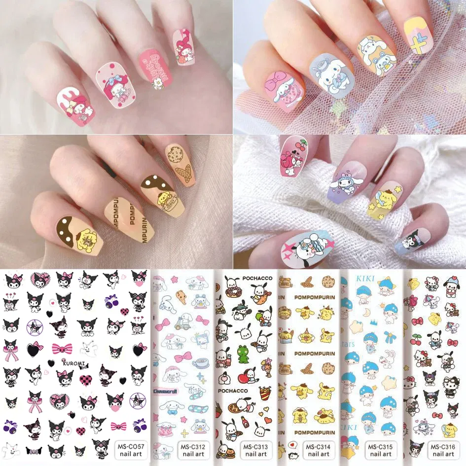 Color: wine red - 1PCS 3D Cute Chulomi Melody Hello Kitty Cartoon Stickers For Nails Nail Accessories Mickey Mouse Barbie Princess Nail Stickers