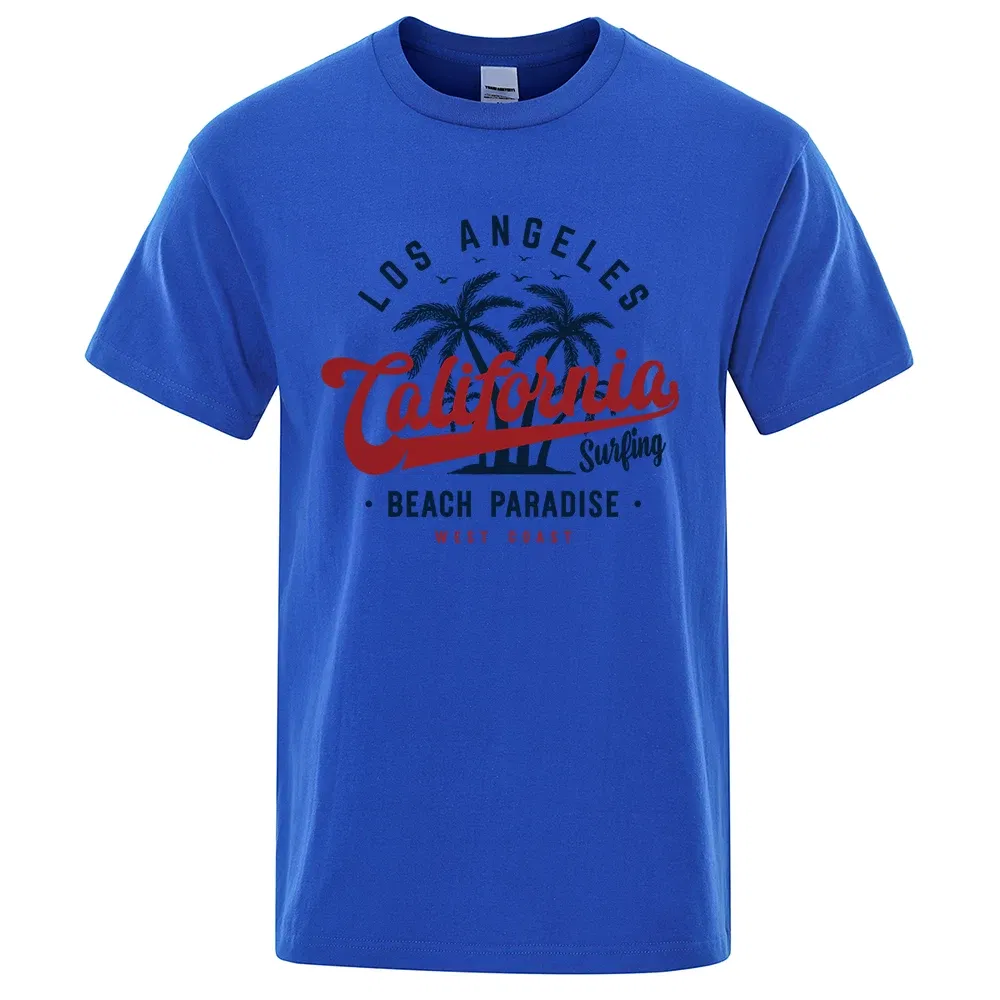 Color: SKY BLUE, Size: XL - Los Angeles California Beach Paradise Men Tops Fashion Crewneck T Shirt Cotton Summer T-Shirt Breathable Oversize Clothes
