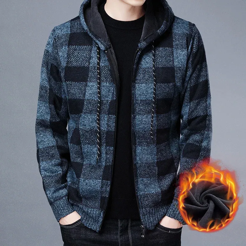 Color: Blue, Size: L - Winter 2023 New Men's Fleece Thickened Cardigan Knit Sweater / Male Loose Warm Hooded Add Wool Jacket Coat