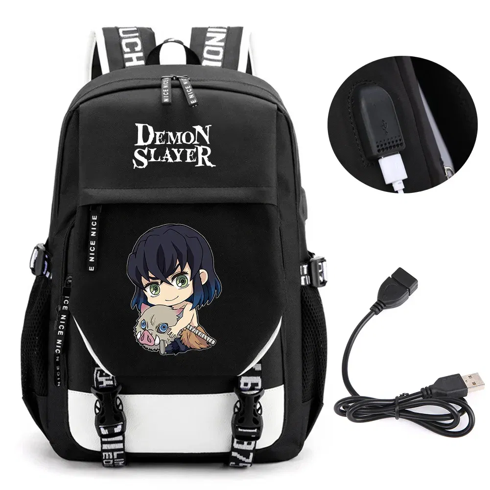 Color: army green - Anime Demon Slayer Kamado Nezuko Backpack School Book Bags Mochila Travel USB Port Bag Laptop Boy Girls Gift