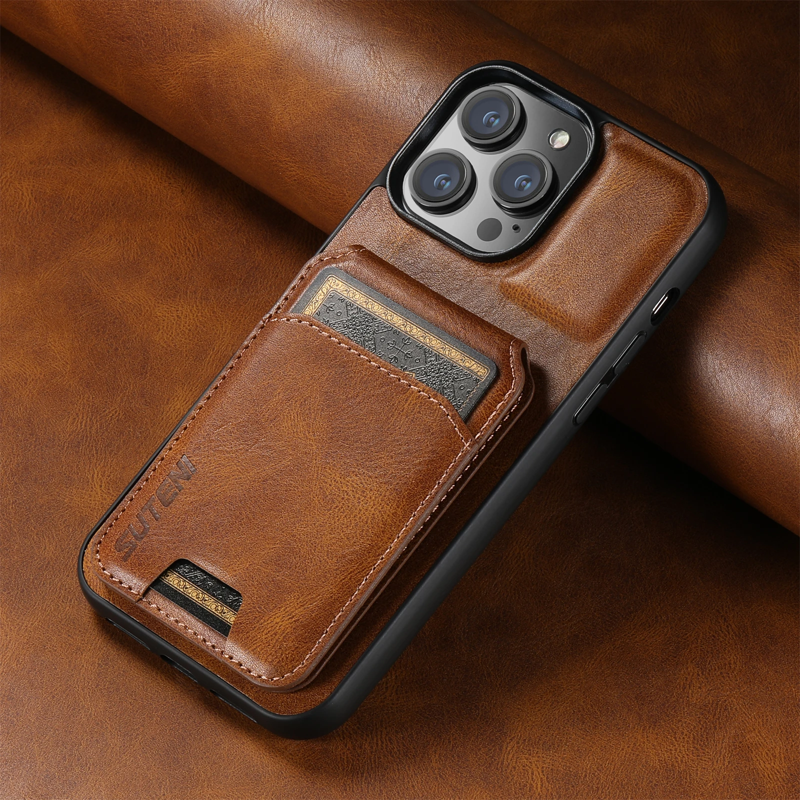 Color: Black, Material: Canvas - SUTENI Card Holder Leather Magnetic Pocket Cover Wallet Phone Case For iPhone X XS XR 11 12 13 14 15 Pro Max Plus