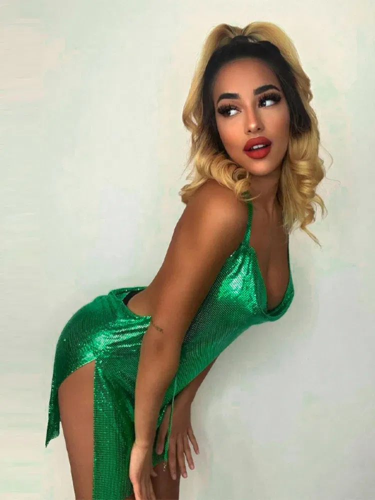 Color: Gold, Size: L - Sexy and Fashionable Women's Elegant Short Dress with Hanging Neck Backless Bottom Chest Sequin Party Girl Dance Dress