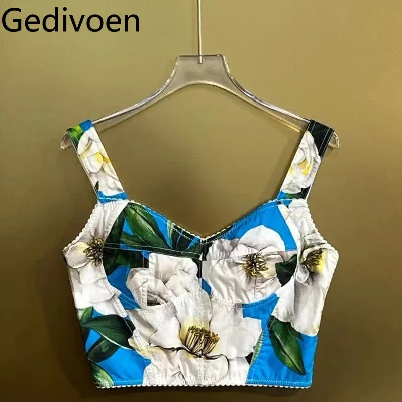 Color: SKY BLUE, Size: S, Ships From: CN - Gedivoen New Style Casual Women's Suit Sweetheart Neck Spaghetti Strap Backless Top+Fashion Half skirt Cotton Print 2-piece set