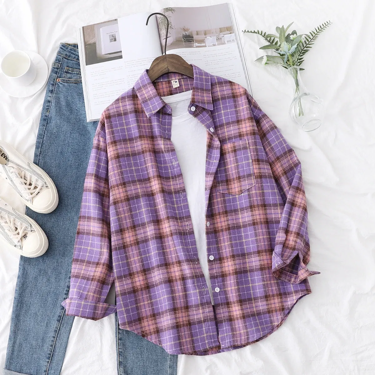 Color: PURPLE, Size: XS - Fresh Flannel Plaid Shirt Women 2024 New Female Blouses and Tops Cotton Loose Long Sleeve Casual Shirts Fine Women's Clothes