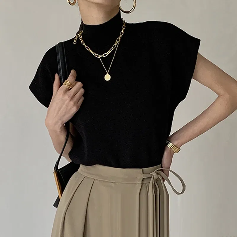 Color: green, Size: One Size - New Short Sleeve Turtleneck Knitted Women Sweater Pullover Casual Knit Sweater Women Tops Blusas Mujer De Moda 2024 Verano J74