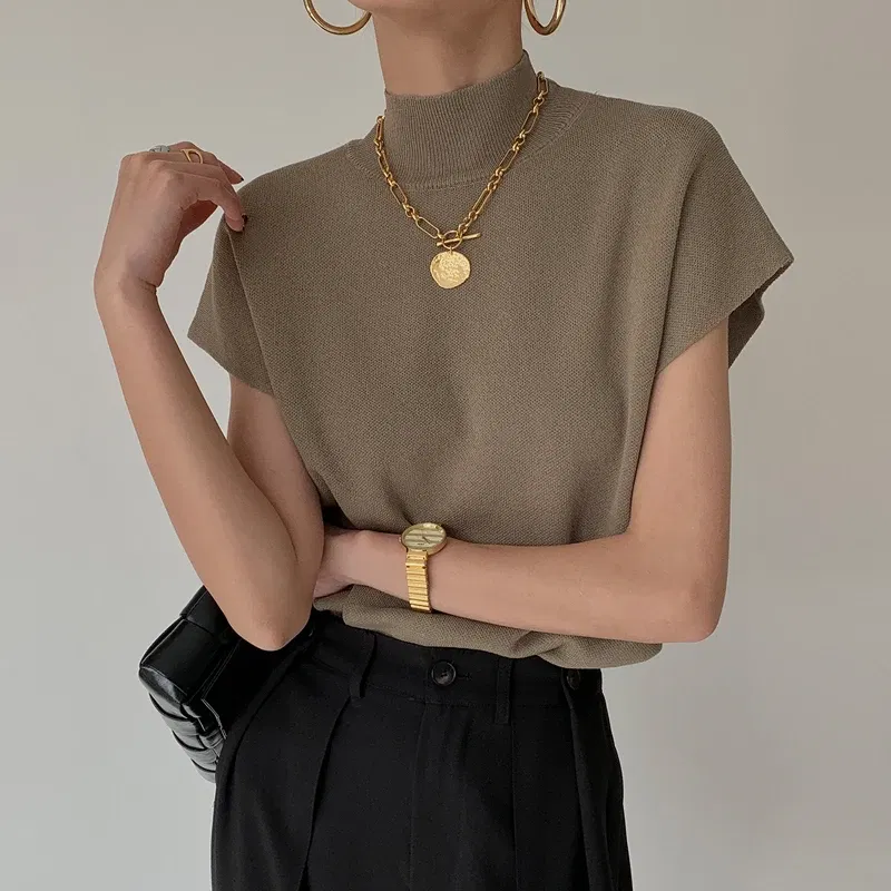 Color: green, Size: One Size - New Short Sleeve Turtleneck Knitted Women Sweater Pullover Casual Knit Sweater Women Tops Blusas Mujer De Moda 2024 Verano J74