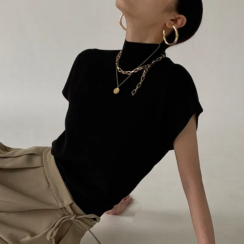 Color: green, Size: One Size - New Short Sleeve Turtleneck Knitted Women Sweater Pullover Casual Knit Sweater Women Tops Blusas Mujer De Moda 2024 Verano J74