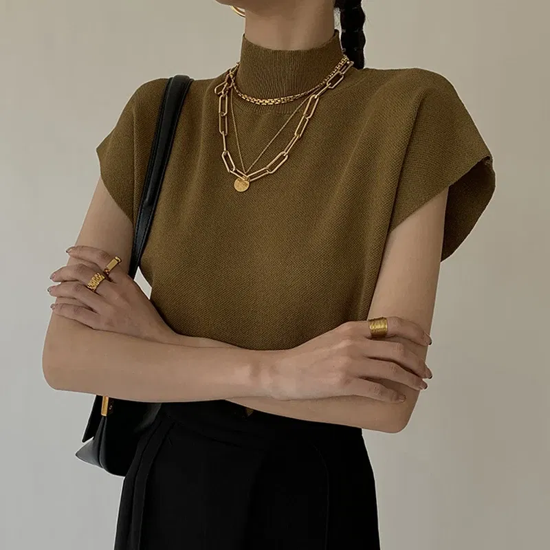 Color: green, Size: One Size - New Short Sleeve Turtleneck Knitted Women Sweater Pullover Casual Knit Sweater Women Tops Blusas Mujer De Moda 2024 Verano J74