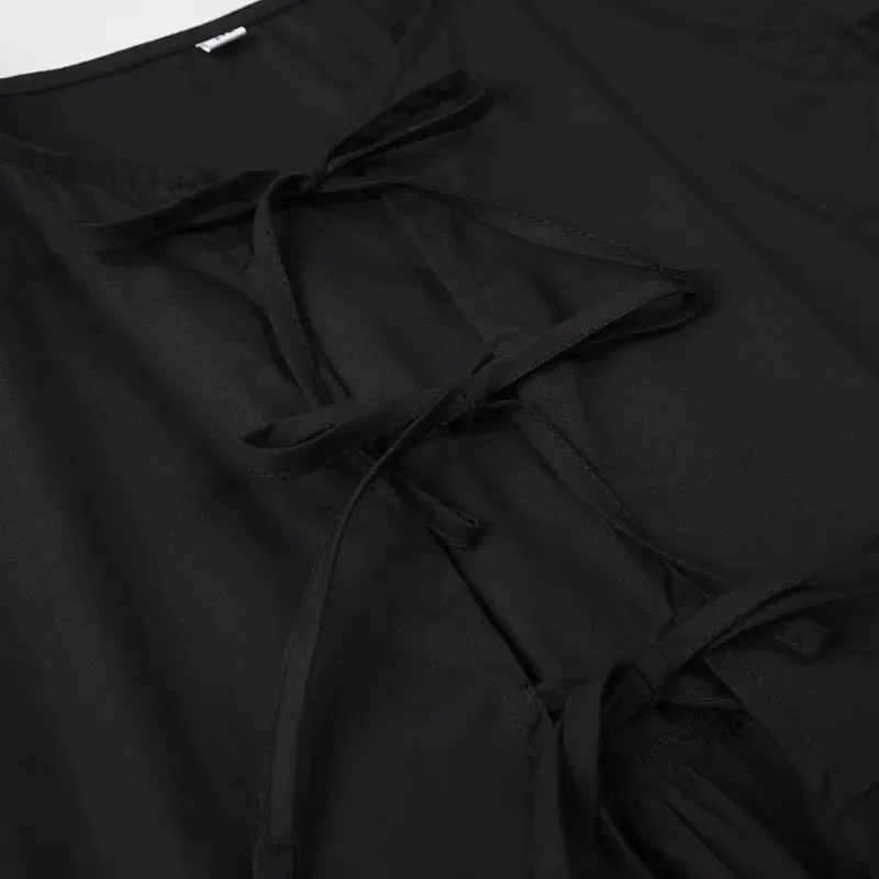 Color: GRAY, Size: M - TRAF White Crop Top Women Black Ruffle Short Puff Sleeve Blouse Female Bow Tied Summer Blouses Woman 2024 Ruched Cute Tops