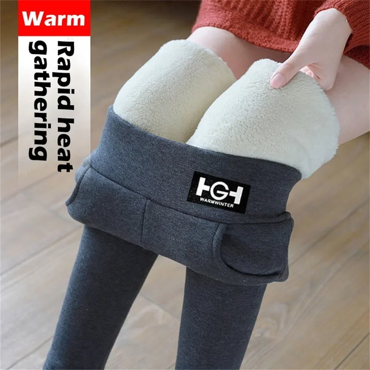 Color: GRAY, Size: M - Winter Women Leggings Solid Warm Leggings Thicken Lambwool Hight Waist Fleece Keep Butt Lift High Stretchy Walking Pants Pocket