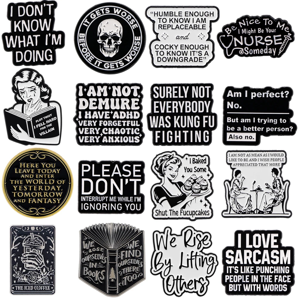 Metal color: Blue, Color: WHITE, Main Stone Color: WHITE - Rose Enamel Pin Lapel Pins Badges on Backpack Women Funny Quotation Brooch Clothes Jewelry Fashion Accessories Gift