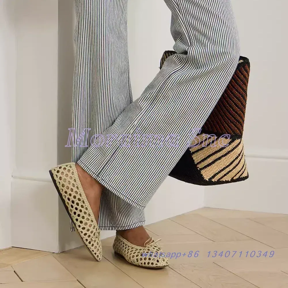 Color: Silver, Shoe Size: 35 - Hollow Woven Leather Ballet Shoes Flat With Round Toe Ankle Buckle Strap Fashion Shallow Women Shoes Mary Janes Summer New 2025