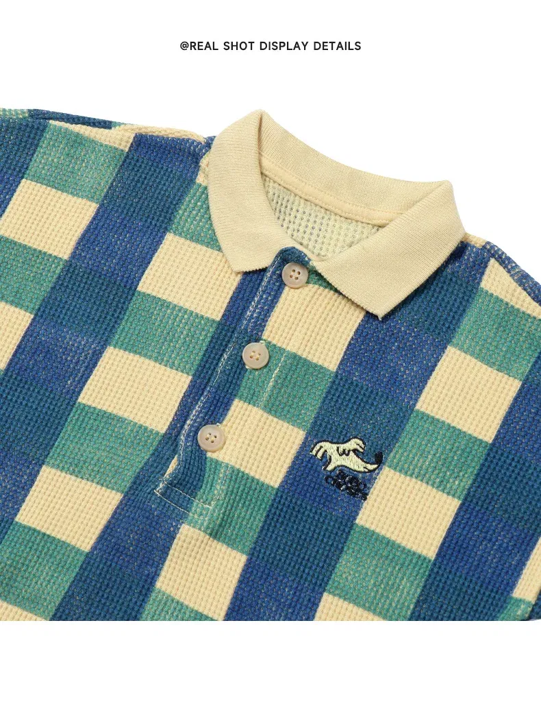 Color: Green, Kid Size: 8T - 2024 INS Children's T-shirt Summer Girls Korean Style Sweet and Cute Dress Polo Top Waffle Set Clothing