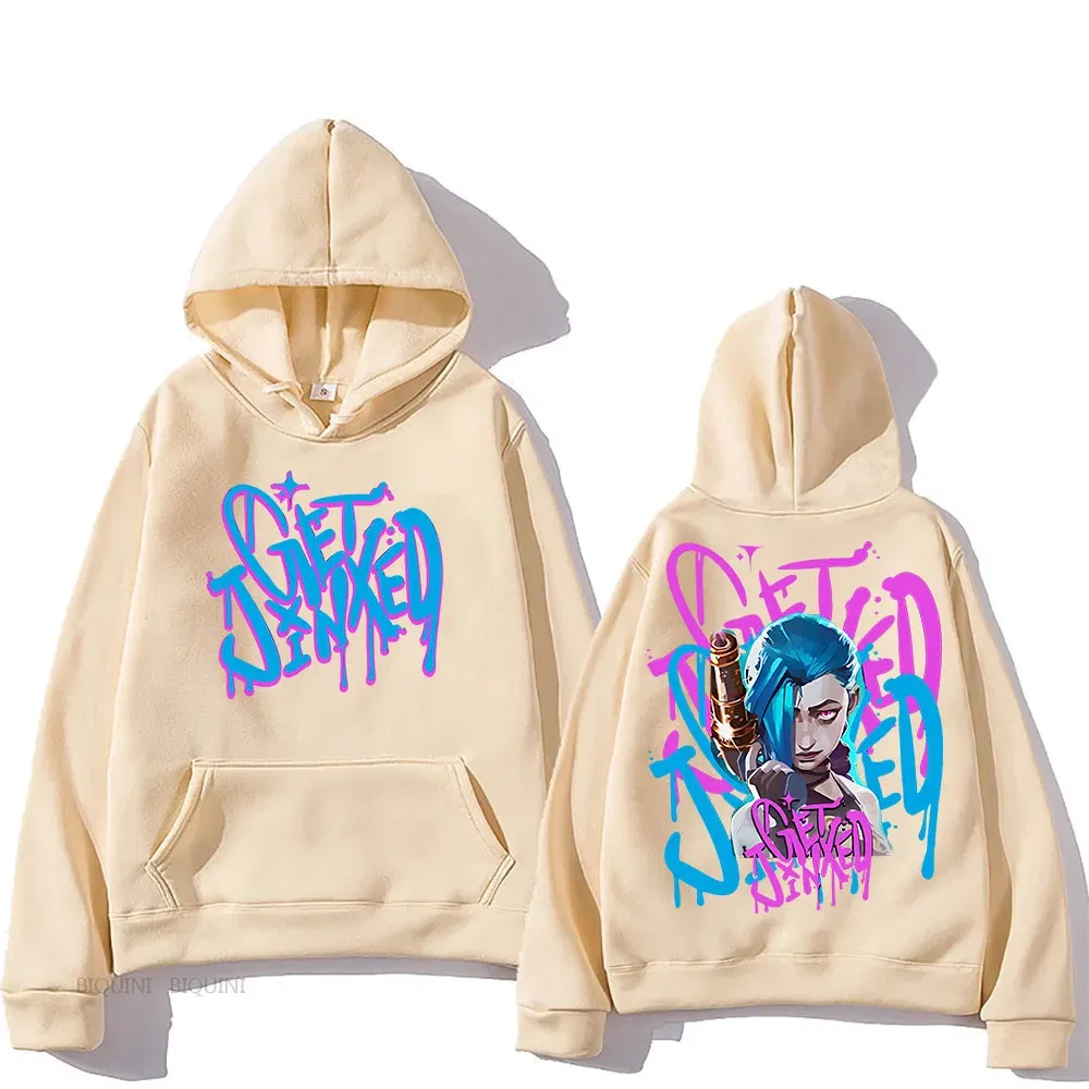 Color: Ivory, Size: L - Arcane Jinx Cute Hooded Anime Print Harajuku Kawaii Sweatshirt Long-sleeved Cartoon Fleece Clothes Moletom Fashion Pullovers