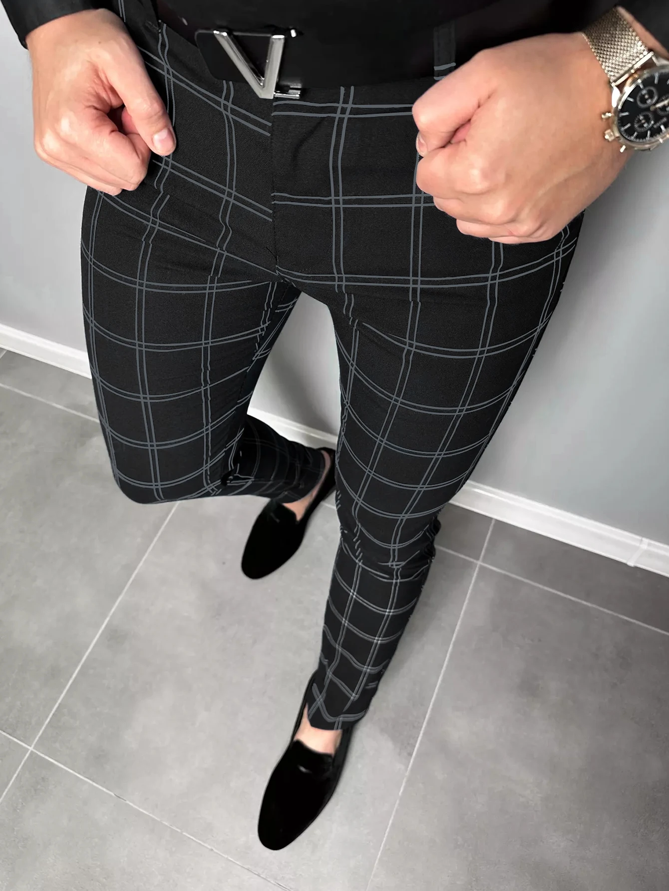 Color: black, Size: S - Checkered Fashion Europe and the United States Style Men's Pants Business Casual Travel Slim Pants Comfortable and Versatile
