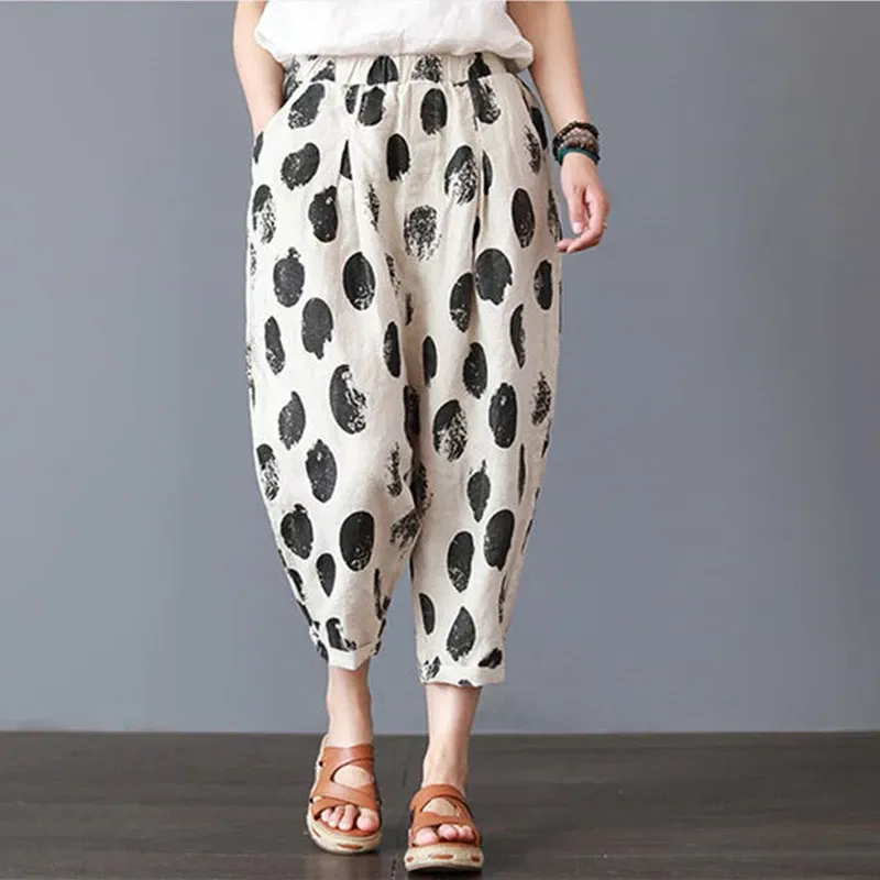 Color: Beige, Size: XXL - Cotton and Linen Pants for Women Summer  Printing Harem Pants Female Mother Loose Retro Fashion Women's Ankle Length  Pants