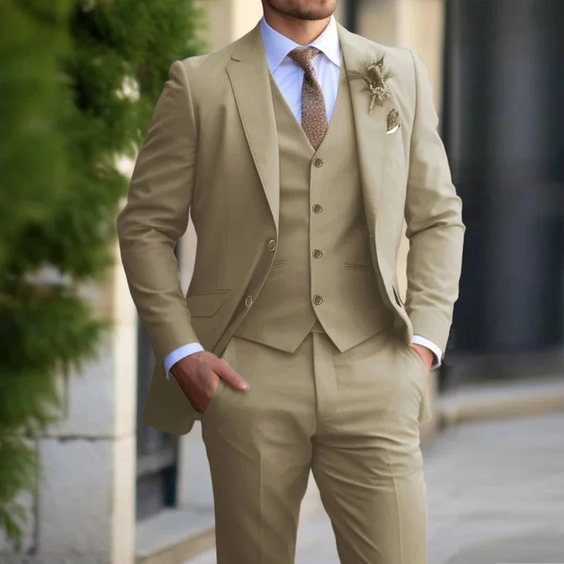 Color: Khaki, Size: 6XL - 3 Pieces Beige Suits for Men Fashion Slim Fit Blazer Vest Pants Set Formal Business Wedding Tuxedos for Men Casual Clothing