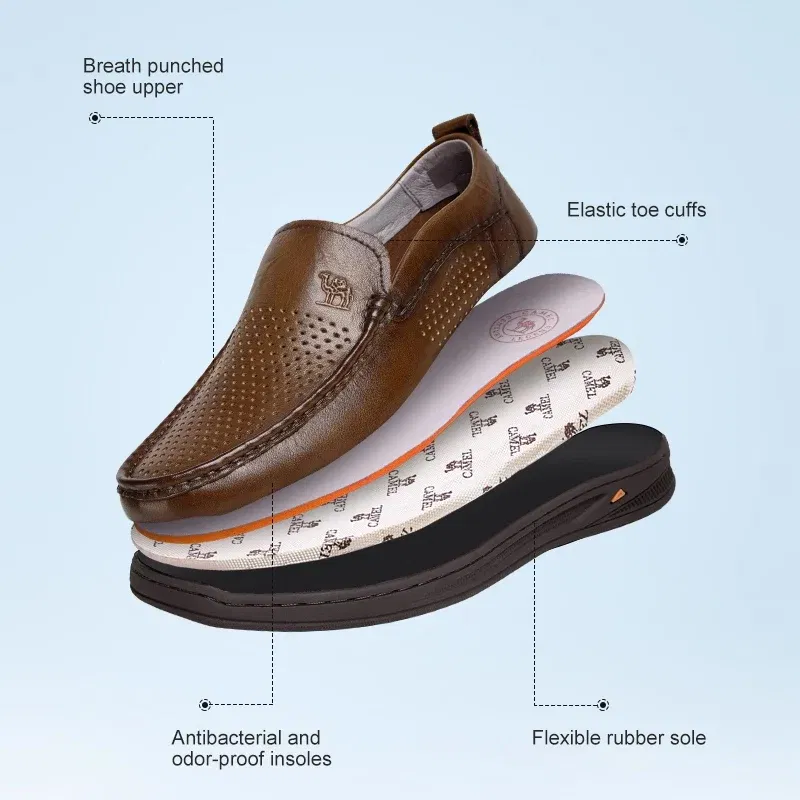 GOLDEN CAMEL Men's Shoes Loafers Genuine Leather Casual Shoes Cowhide Soft Sole Hollow Breathable Shoes for Men 2023 Summer New