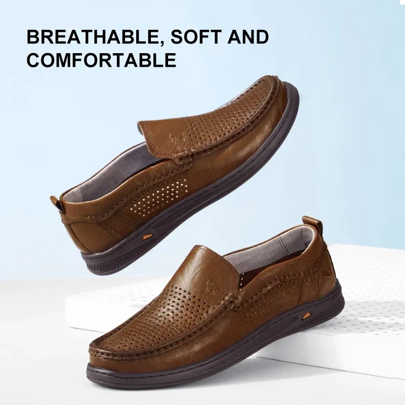 GOLDEN CAMEL Men's Shoes Loafers Genuine Leather Casual Shoes Cowhide Soft Sole Hollow Breathable Shoes for Men 2023 Summer New