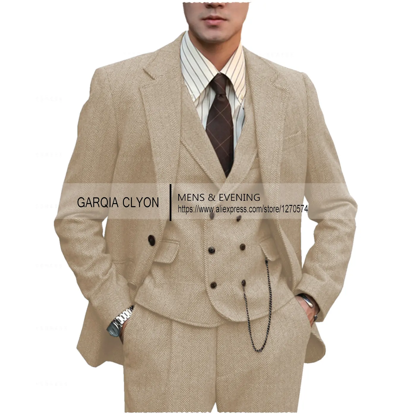 Color: green, Size: XS - Tweed Herringbone 3 Pieces Herringbone Men's Business Suits Single Breasted Slim Fit Groom  Formal Suits?€Blazer+vest+Pants?‰