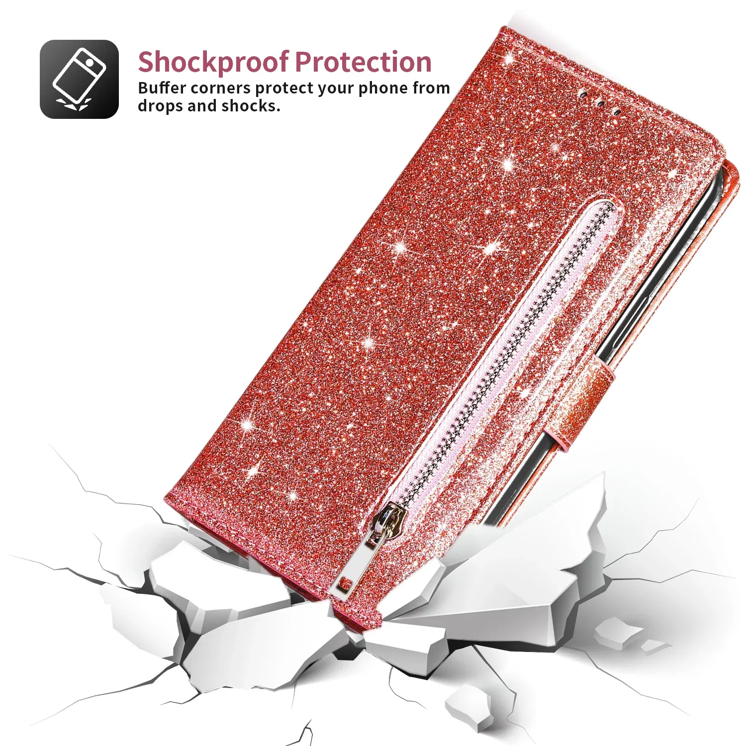 Color: Rose Red, Material: Genuine leather - Zipper Flip Wallet Glitter Leather Case for iPhone 16 15 14 13 12 11 Pro Max XS XR 8 7 Plus SE 2022 Mini Bling Stand Phone Cover