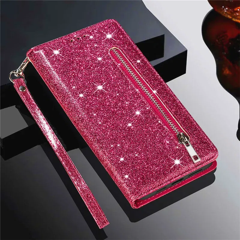 Color: Rose Red, Material: Genuine leather - Zipper Flip Wallet Glitter Leather Case for iPhone 16 15 14 13 12 11 Pro Max XS XR 8 7 Plus SE 2022 Mini Bling Stand Phone Cover
