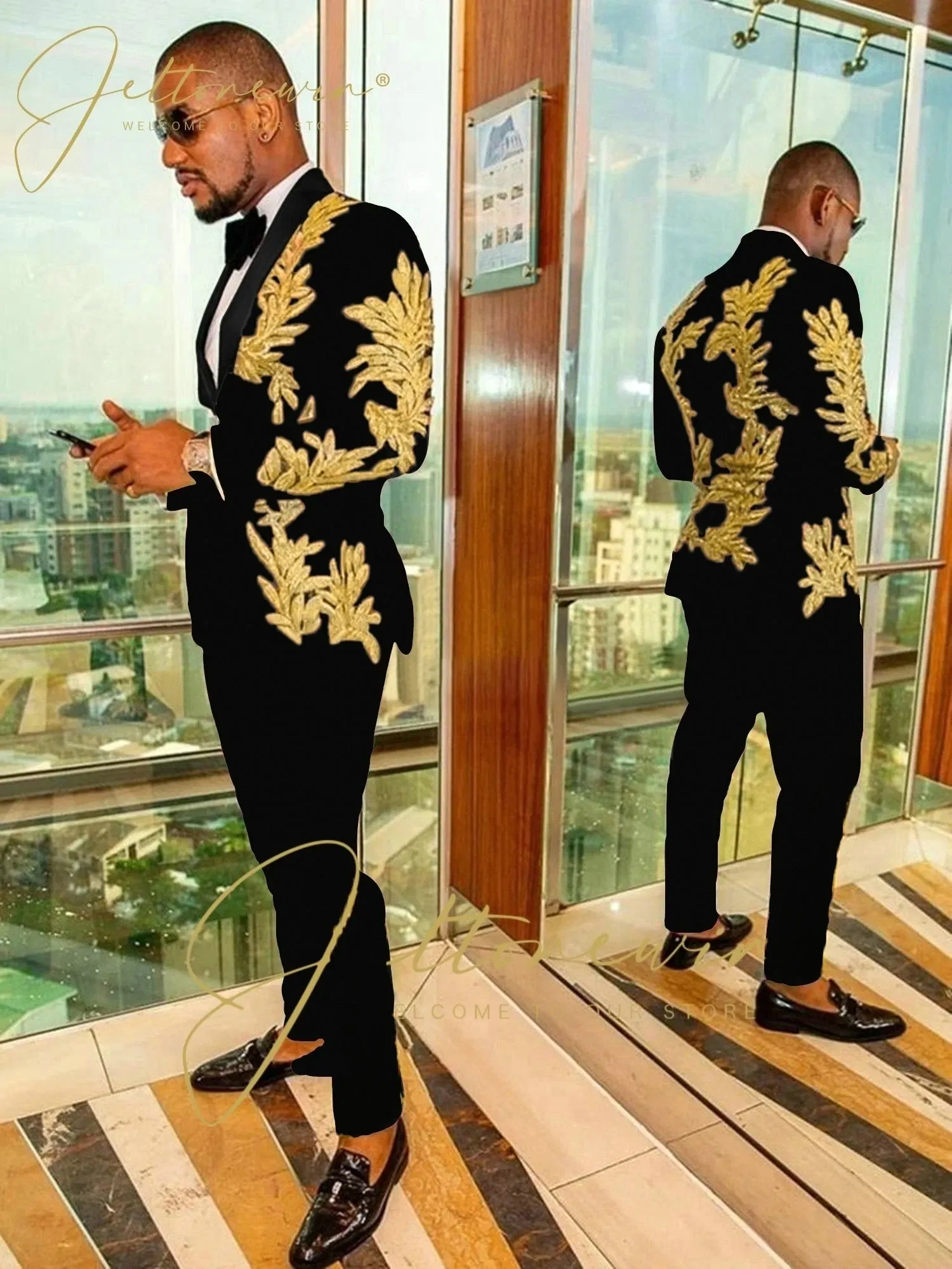 Color: Navy Blue, Size: 5XL - Luxury Groom Wedding Tuxedos Gold Sequins Appliques Black Men Suits Slim Fit Costume Homme Marriage Prom Suits