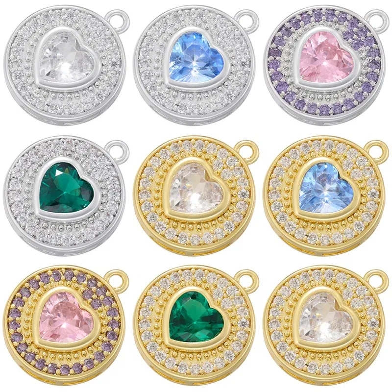 Metal color: SILVER PLATED - ZHUKOU Round jewelry pendants Pink Heart Cubic Zirconia charms for jewelry making Brass accessories Supplies for jewelry VD1357