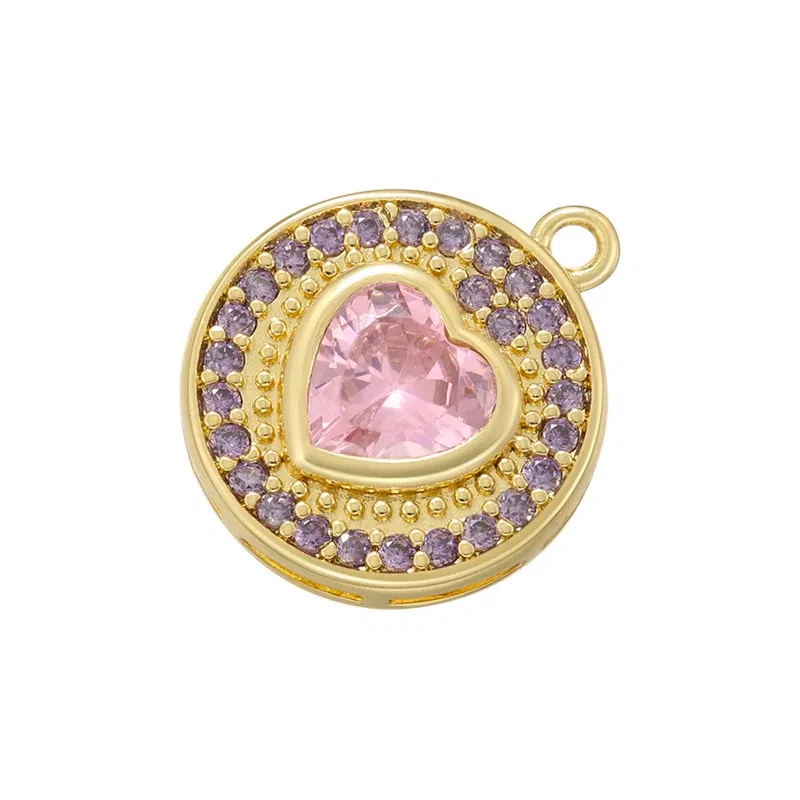 Metal color: SILVER PLATED - ZHUKOU Round jewelry pendants Pink Heart Cubic Zirconia charms for jewelry making Brass accessories Supplies for jewelry VD1357