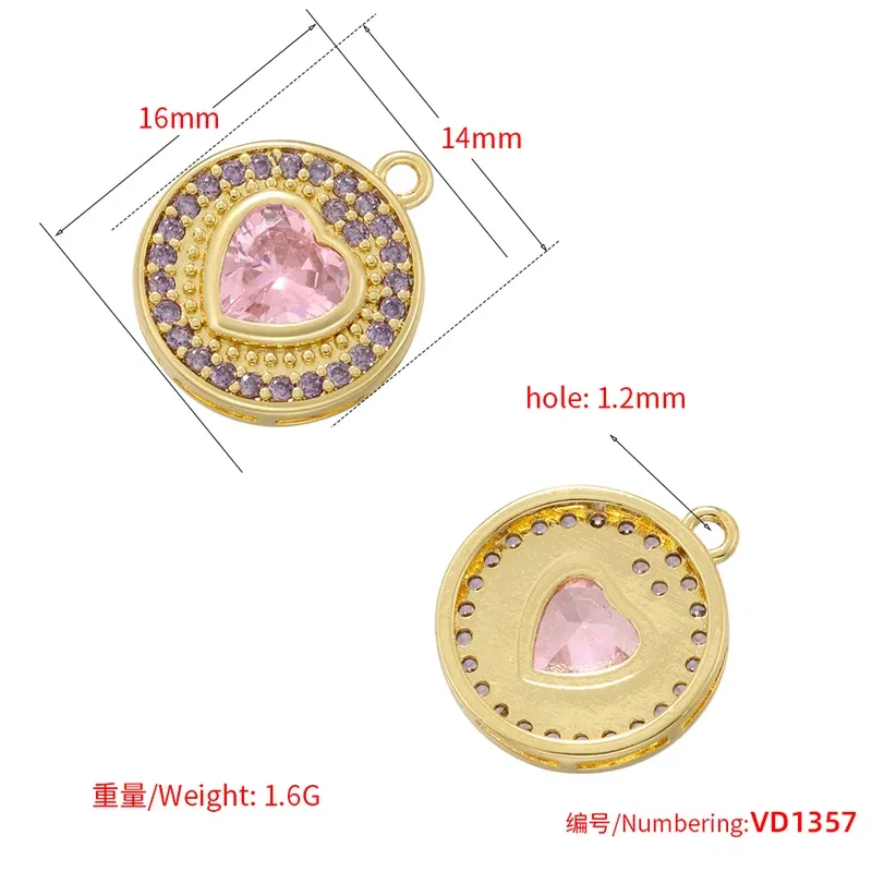 Metal color: SILVER PLATED - ZHUKOU Round jewelry pendants Pink Heart Cubic Zirconia charms for jewelry making Brass accessories Supplies for jewelry VD1357
