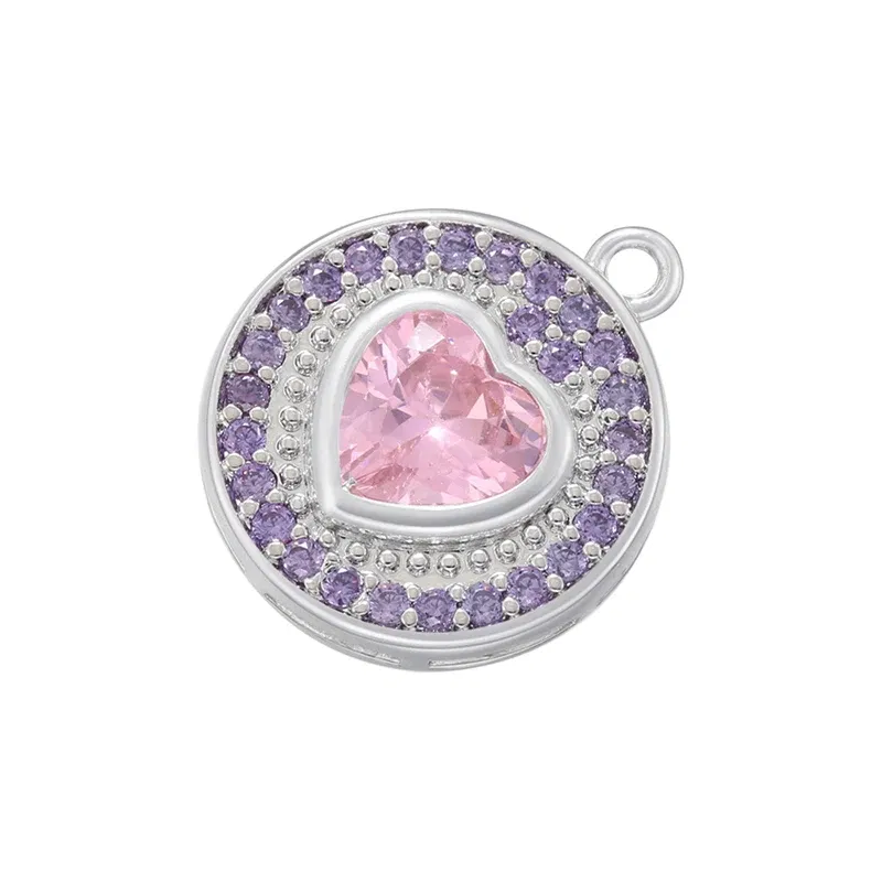Metal color: SILVER PLATED - ZHUKOU Round jewelry pendants Pink Heart Cubic Zirconia charms for jewelry making Brass accessories Supplies for jewelry VD1357