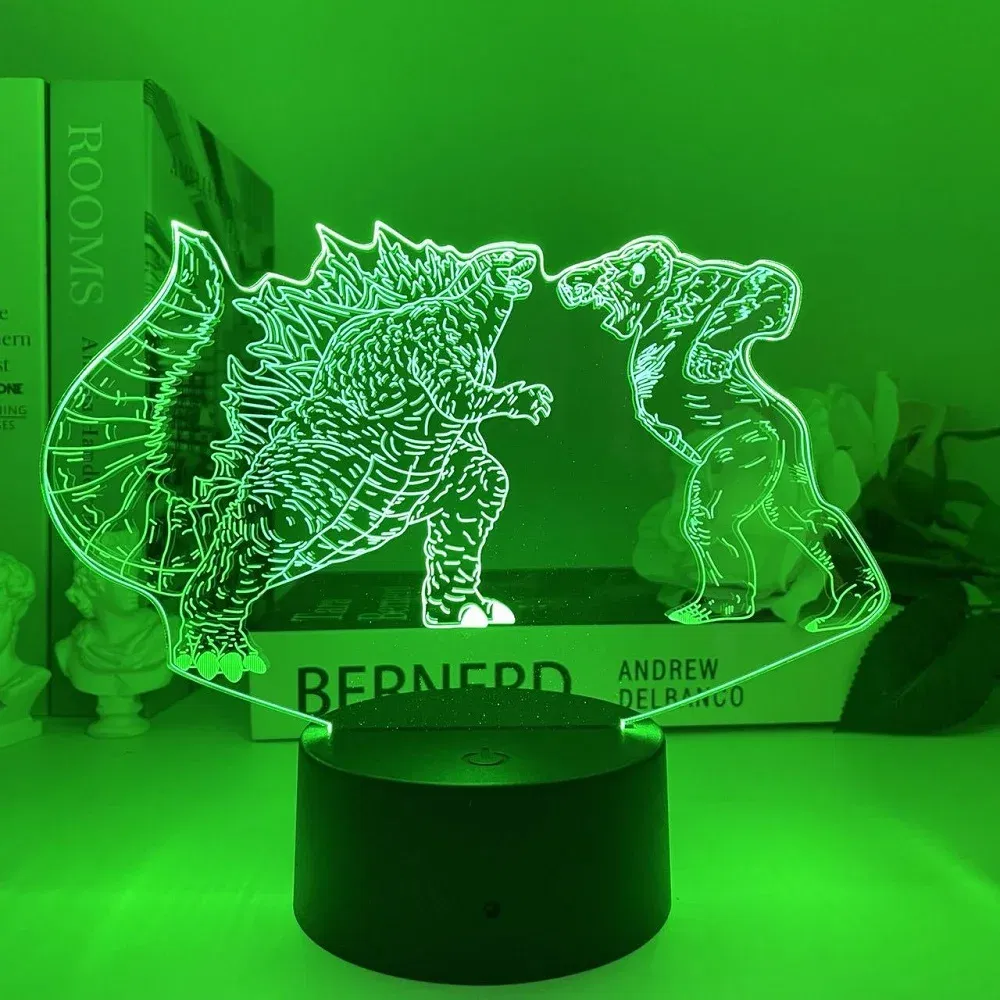 Color: Yellow, Emitting Color: Navy Blue - Hot Toys Godzilla 3D Acrylic Night Light 16 Colors Dimmable USB Desk Lamp Birthday Gift for Boys and Girls Christmas Gift